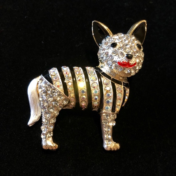 Striped Dog Rhinestone Brooch Pin - Picture 3 of 4